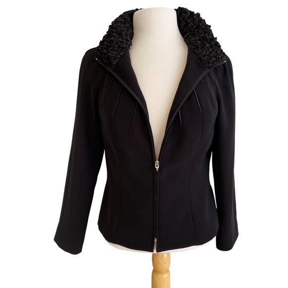 Joseph Ribkoff Black Jacket With stunning Ruffled Collar Front Zip Womens Size 8 - Picture 1 of 16